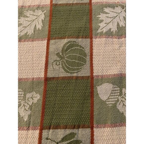 Autumnal Green & Beige Checkered Table Runner 12" x 98" Cotton Blend With Leaf & - Picture 2 of 6